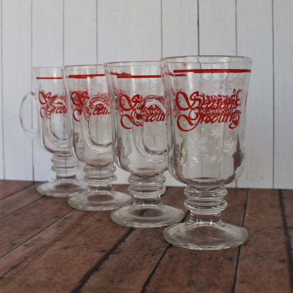 Vintage Libbey Glass Seasons Greetings Footed Mug Set of 4 with Snowflake Christmas Holiday Clear White Red