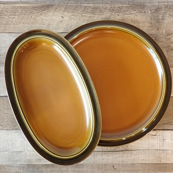 Vintage Goebel Country BRETAGNE Round Serving Plate and Oval Platter Set of 2 Brown and Green Stoneware Mid Century Modern West Germany