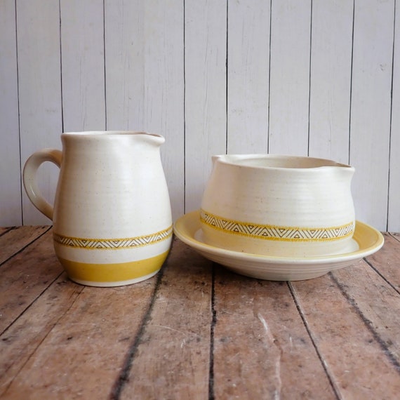 Vintage Franciscan HACIENDA GOLD Ceramic Gravy Boat and Creamer White with Yellow and Brown geometric Banded Design