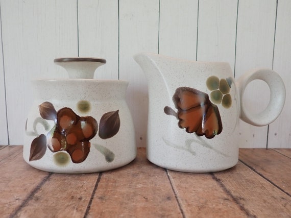 Vintage Nortiake Folkstone ORINDA Stoneware Sugar Bowl and Creamer Set of 2 White Brown Gray Floral and Leaf Design