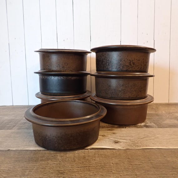 Vintage Arabia of Finland RUSKA Rim Fruit Dessert Bowl Set of 7 Brown Rustic Stoneware Bowls