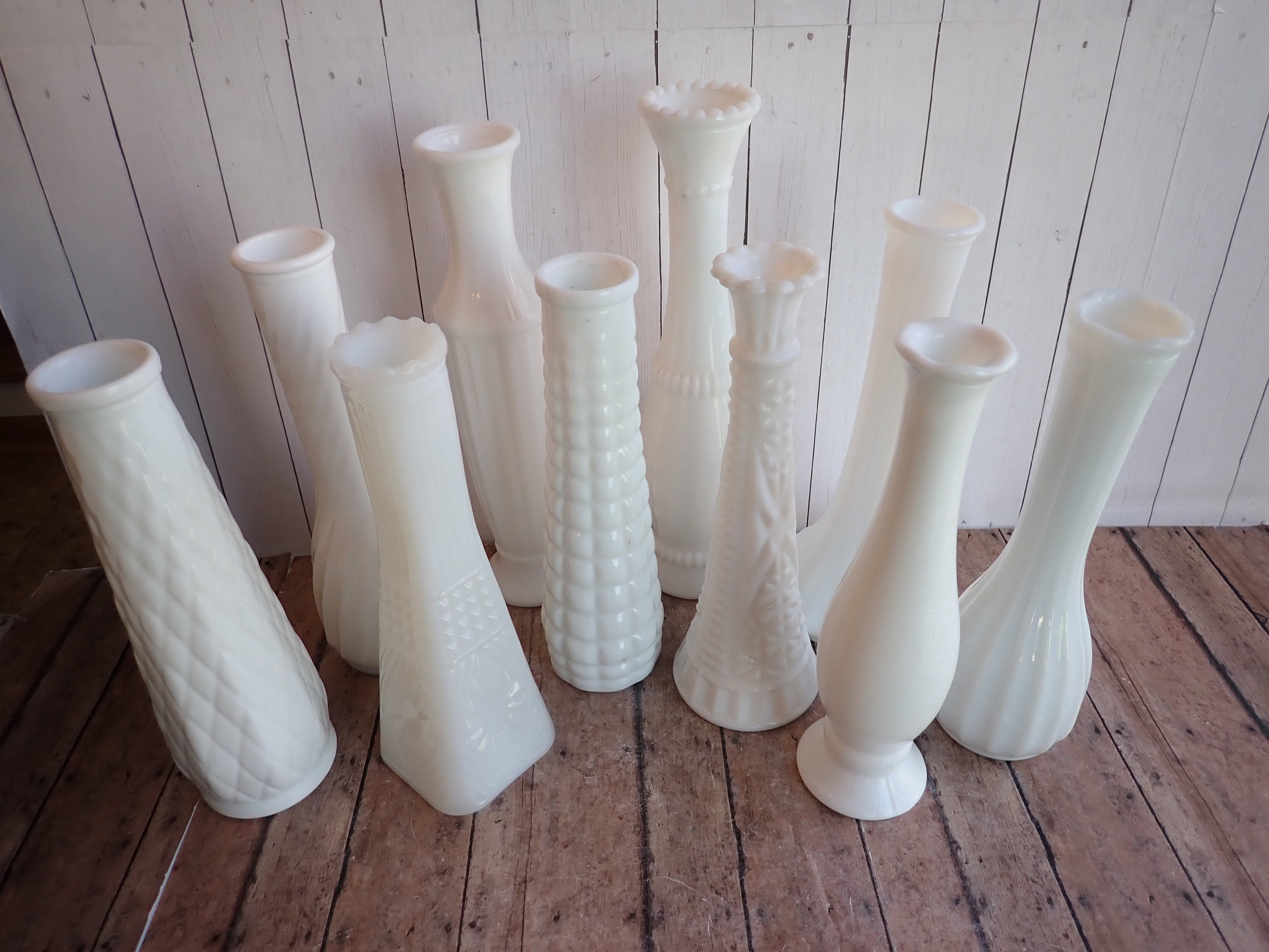 Vintage Set of 10 White Milk Glass Vases All Different Patterns 9 Tall Vases Centerpiece Wedding