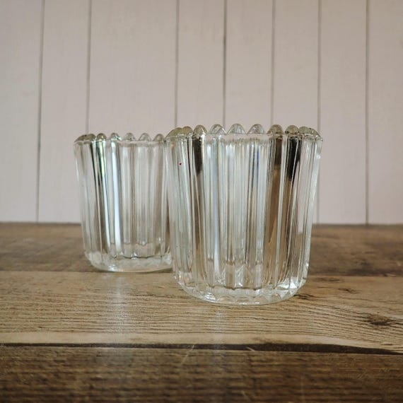 Vintage Clear Glass Ribbed Votive or Tealight Candle Holder Set of 2
