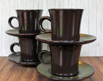 Vintage Franciscan MADEIRA Set of 4 Cups and Saucers 8 Piece Set Brown Stoneware with Green Floral Accent Dinnerware Flower Pattern