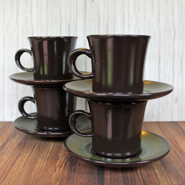 Vintage Franciscan MADEIRA Set of 4 Cups and Saucers 8 Piece Set Brown Stoneware with Green Floral Accent Dinnerware Flower Pattern