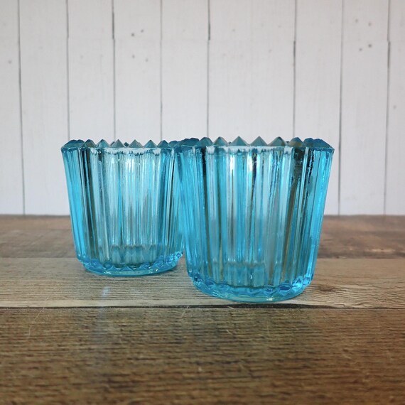 Vintage Light Blue Ribbed Votive Tealight Candle Holders Pair Set of 2 Candleholders