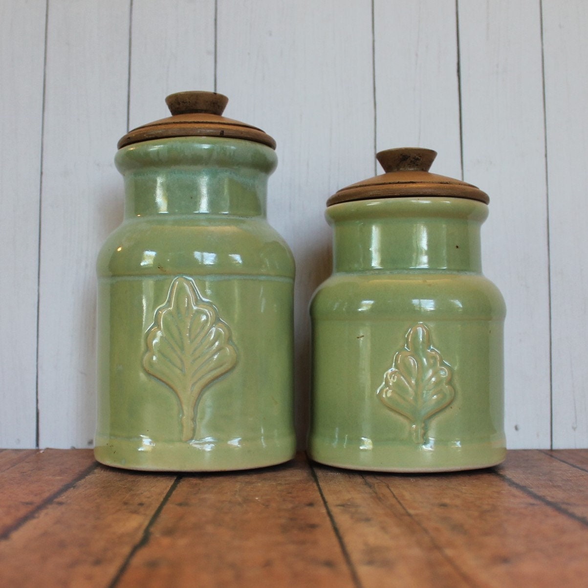 Vintage Foreside Pottery Canister Set of 2 Jars with Wooden Lids Green