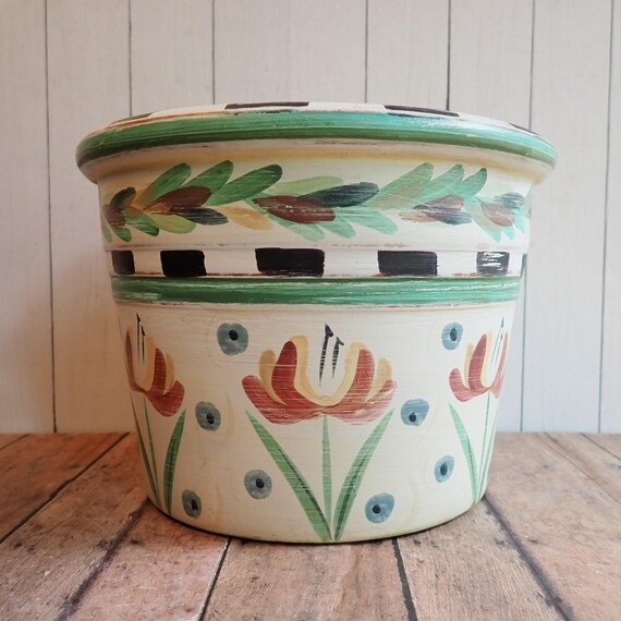 Vintage Planter Flower Pot Yellow with Painted Red and Green Flower Design Flowerpot