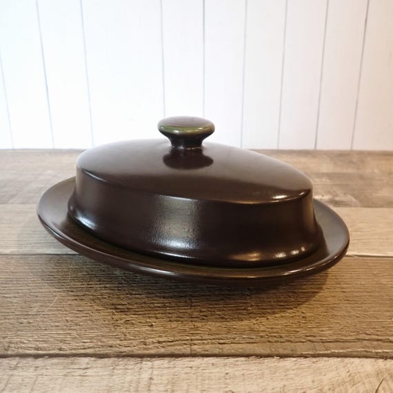 Vintage Franciscan MADEIRA Butter Dish Brown Stoneware with Green Band