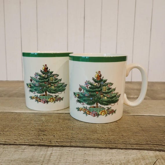 Vintage Spode Christmas Tree Mug Coffee Cup Set of 2 White with Tree Design