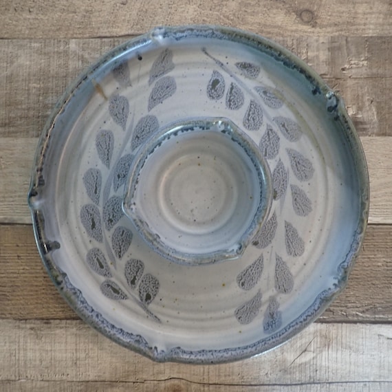 Vintage Peggy Ahlgren Wilson Creek Pottery Chip Dip Plate Appetizer Vegetable Platter Blue with Leaf Design Hand Made Studio Pottery
