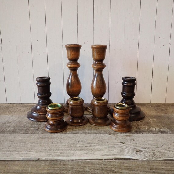 Vintage Wood Candlestick Set of 8 Wooden Taper Candle Holder 4 Matched Pairs Candleholders Mix and Match