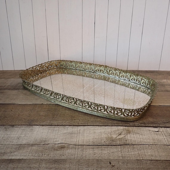 Vintage Gold Metal Tray with Mirror Vanity Tray with Filigree Open Work Frame