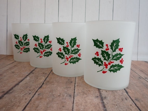 Vintage Indiana Glass Frosted Holly and Berry Old Fashioned Glasses Set of 4 Tumbler Glasses 6 oz. Christmas Drinkware