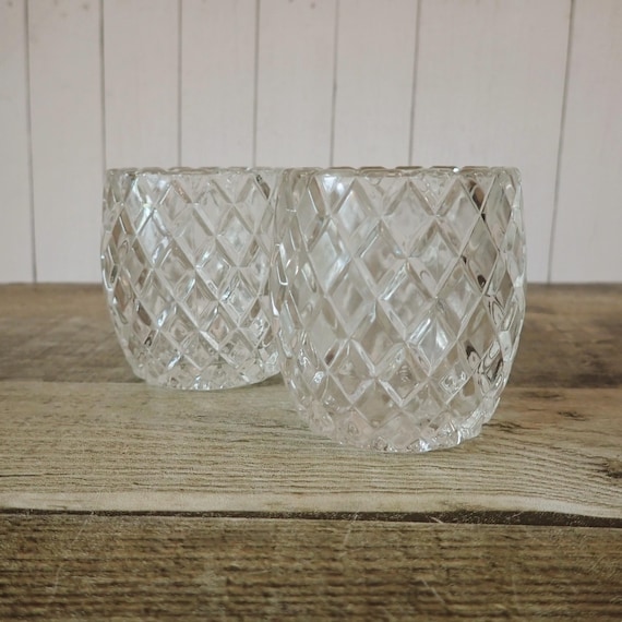 Vintage Clear Glass Diamond Pattern Votive or Tealight Candle Holder Set of 2
