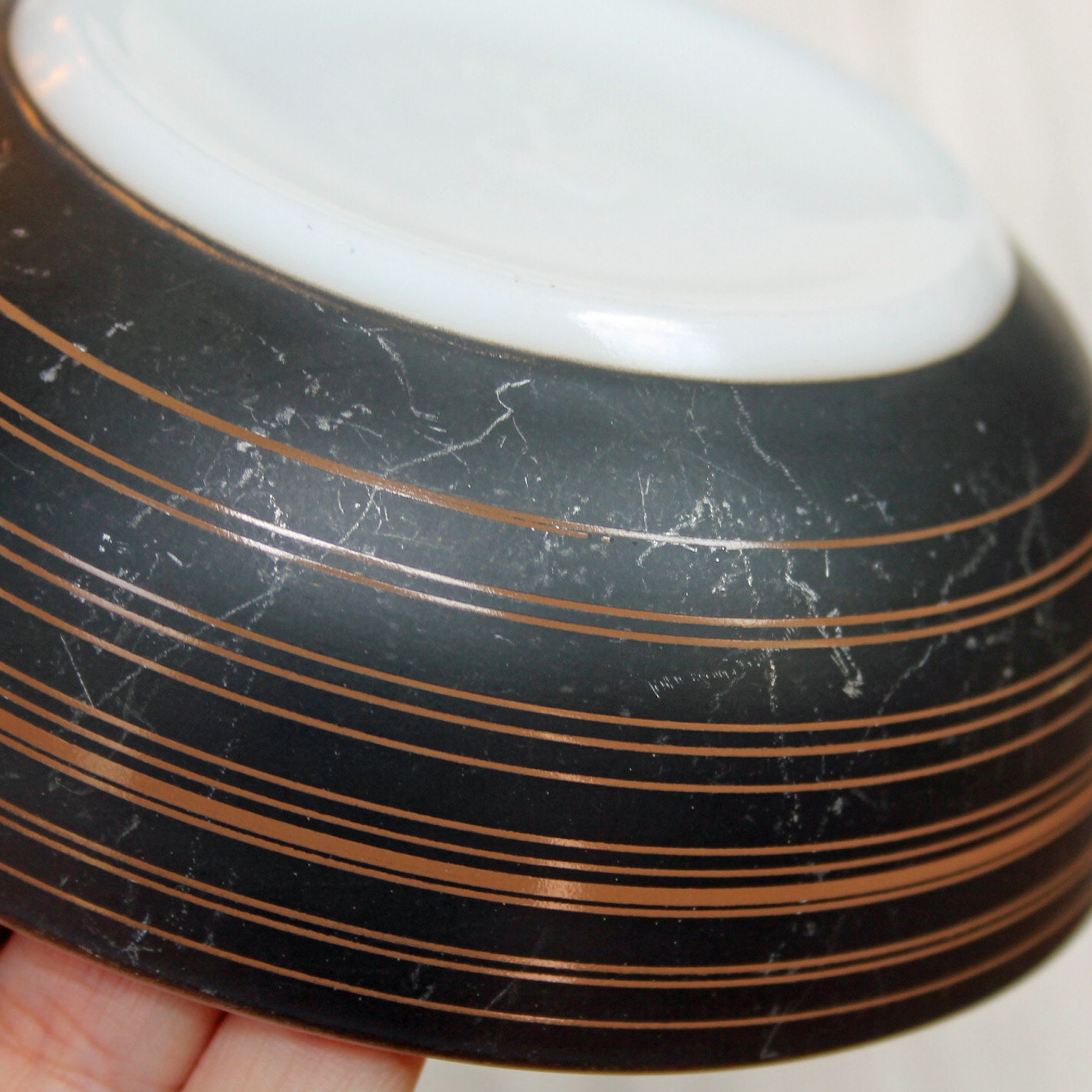 Vintage Pyrex Corning TERRA 5 Fruit Dessert Bowl Set of 4 Black and Gold Banded Striped Glass Bowls