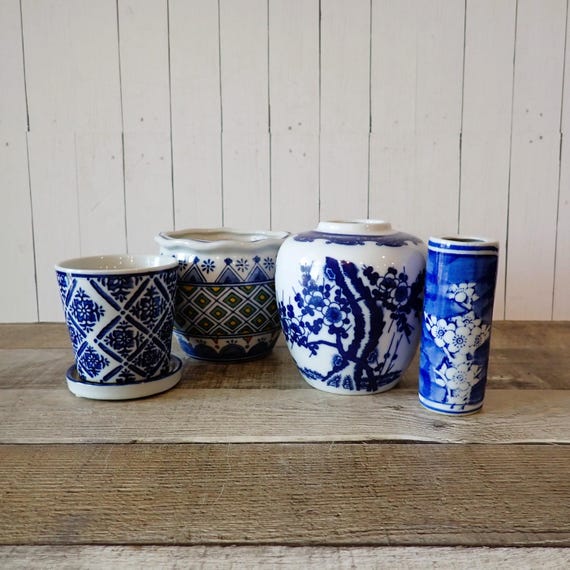 Vintage Blue and White Ceramic Bud Vase Set of 4 Asian Inspired Chinese White and Blue Floral Cherry Blossom Dogwood Designs