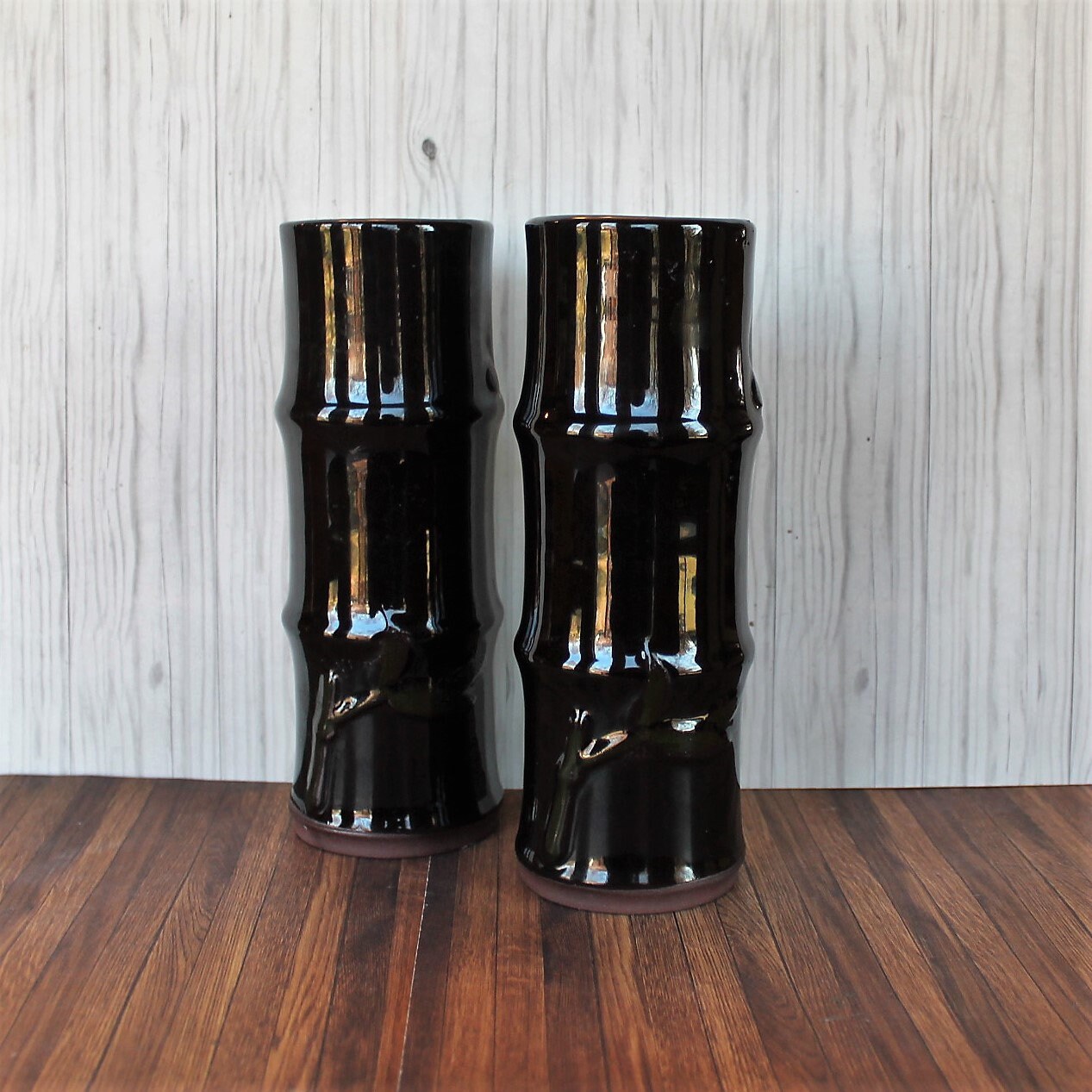 Vintage Ceramic Bamboo Pattern Vase Set of 2 Matching Vases Black with