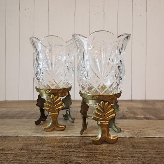 Vintage Clear Glass Votive or Tealight Holders with Brass Stand Set of 2