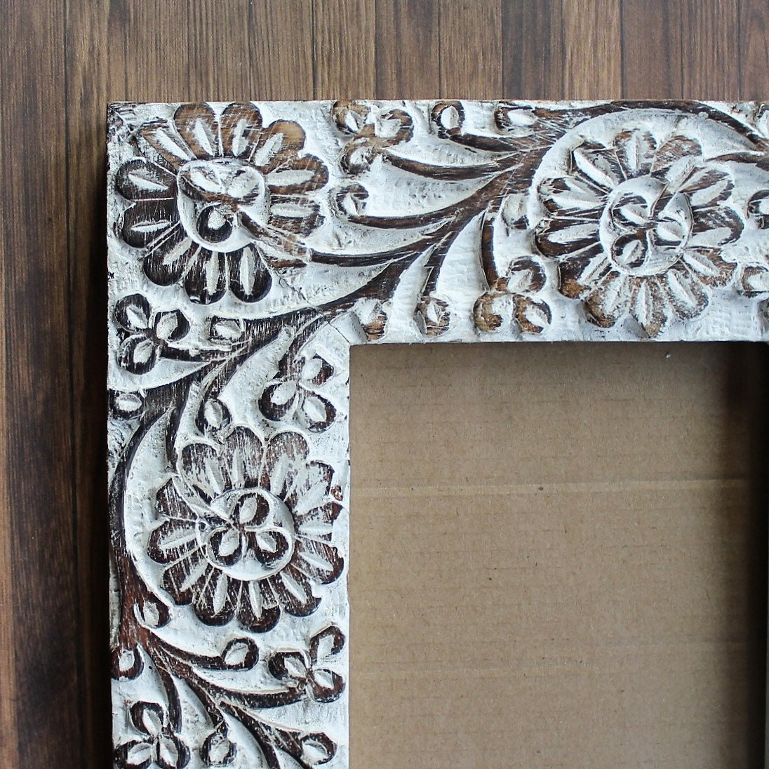 Vintage Chunky Carved Wood Photo Frame 4x6 White and Brown with Floral