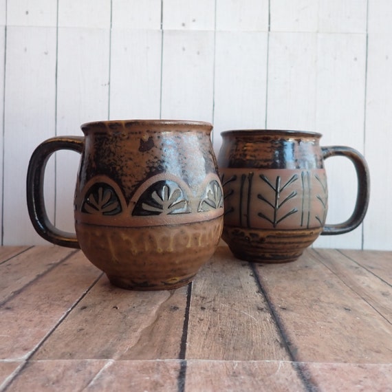 Vintage Stoneware Mug Set of 2 Brown Tan Black Rustic Geometric Leaf Design Otagiri Style Mid Century