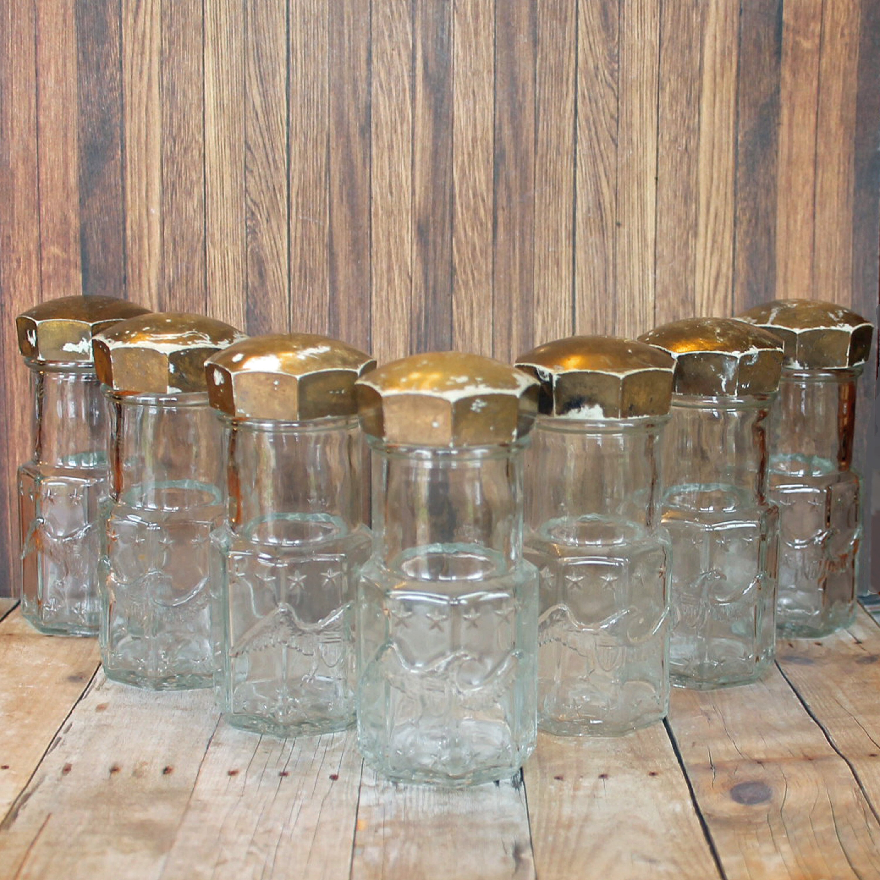 Vintage Clear Glass Spice Jars with Eagle Design Set of 7 Leipzig and
