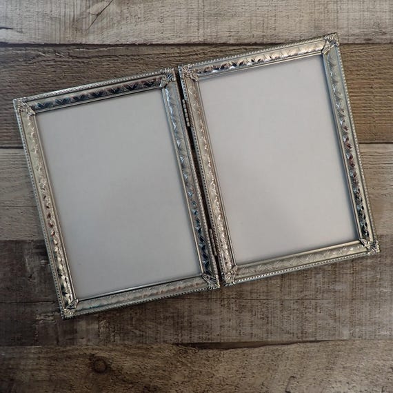Vintage 5x7 Silver Metal Double Hinged Two Part Photo Picture Frame 5" x 7" Bi-Fold Etched Floral Design