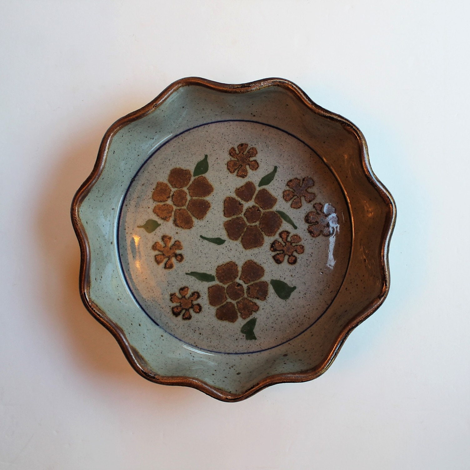 Vintage Stoneware Pottery Pie Plate Gray with Brown Flowers and Green
