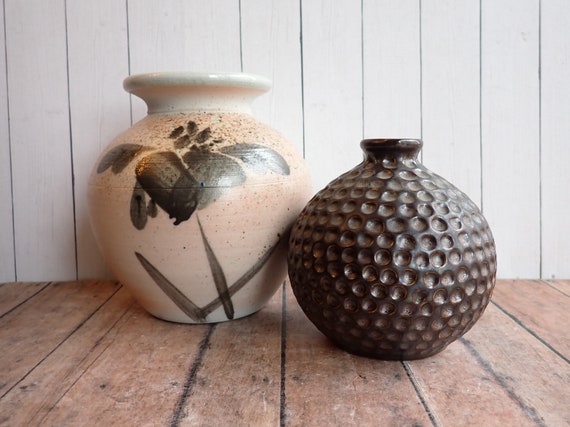 Vintage Black and White Pottery Vase Set of 2 Rustic Boho Style Vases Modern Leaf Design and Dot Pattern