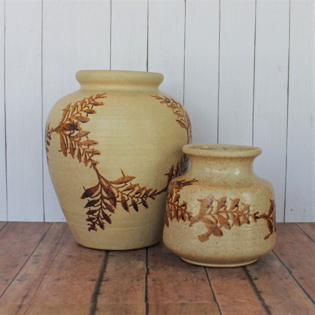 Vintage Pottery Craft USA Stoneware Vase Set of 2 Cream Yellow Tan Leaf