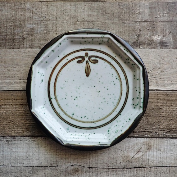 Vintage Gerzit White and Brown Stoneware Luncheon or Salad Plate Octagon Shape West Germany Gerz