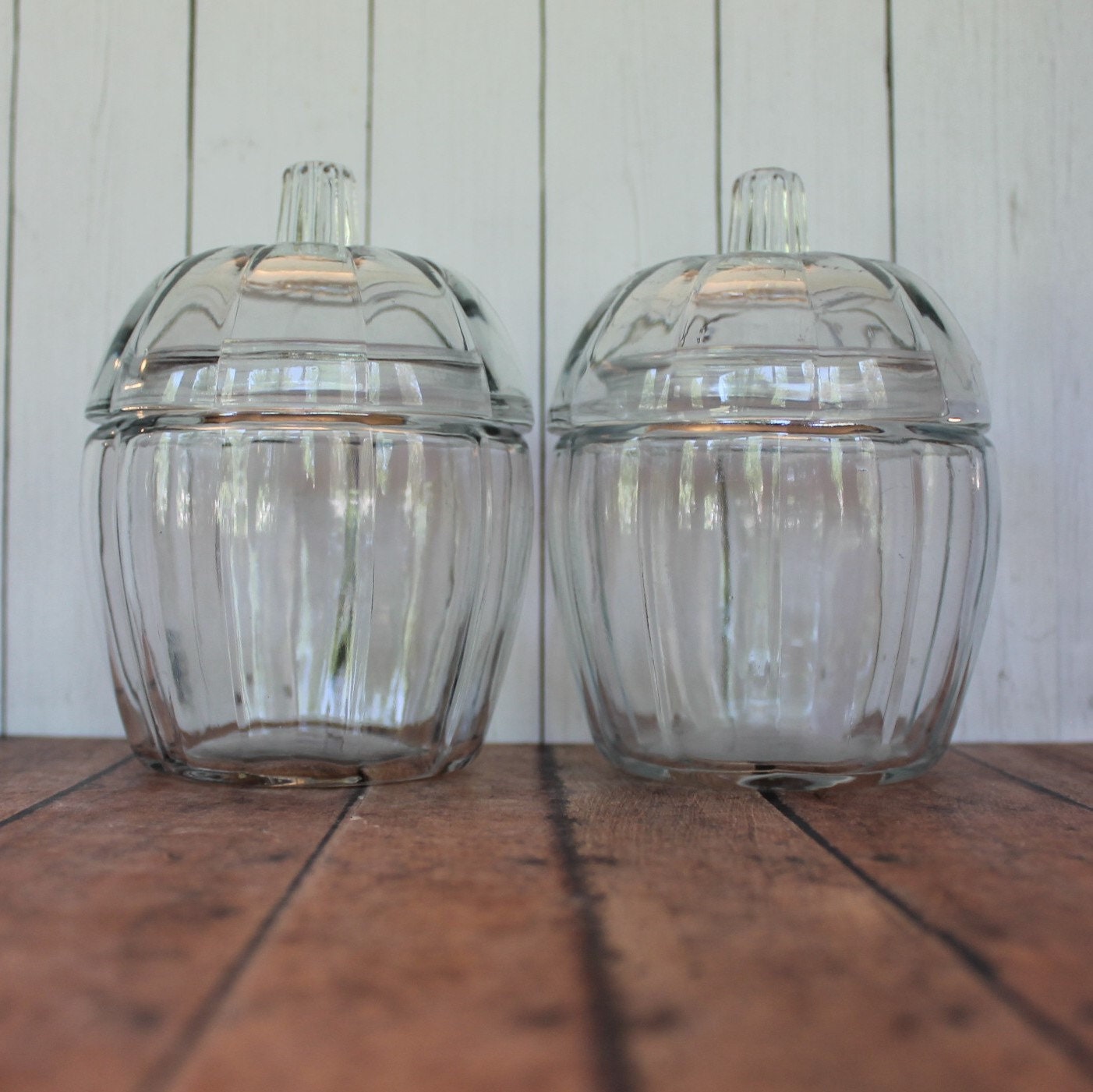 Vintage Clear Glass Pumpkin Jar Canister Candy Dish Bowl with Lid Set