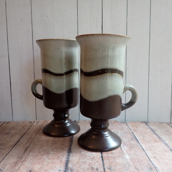 Vintage OTAGIRI Irish Coffee Mugs Set of 2 Brown and Gray Footed Pedestal Mugs with Wavy Banded Design Stoneware Modern Mug