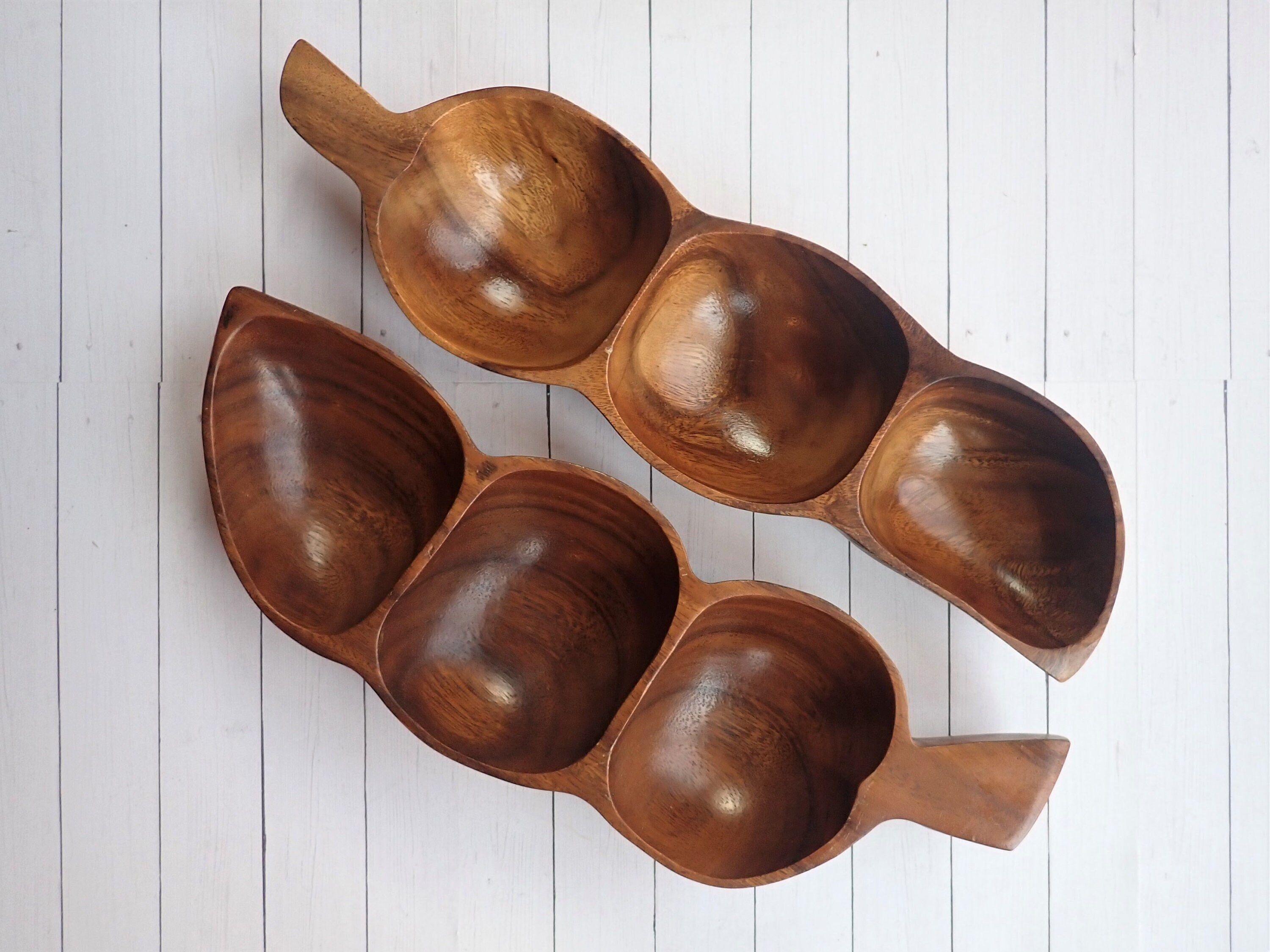 Vintage Wood Leaf Shaped Divided Bowls Set of 2 Wooden Serving Bowls 3
