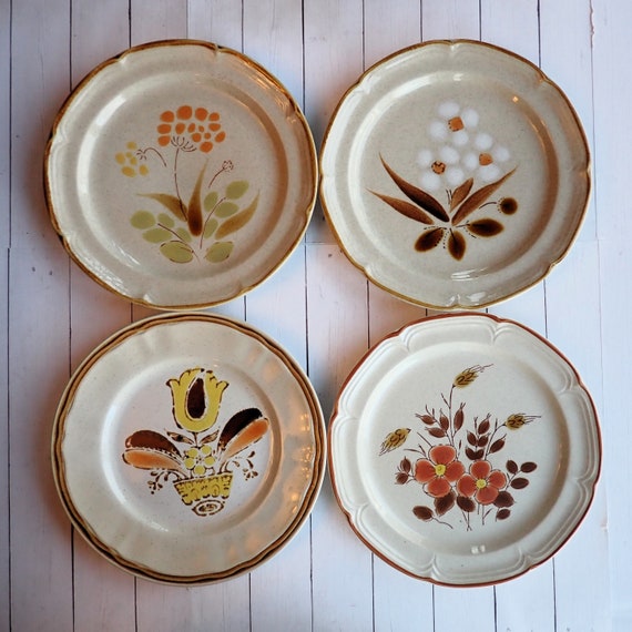 Vintage Mismatched Stoneware Salad Plate Set of 4 Mix and Match Plates Tan with Yellow Green Flower Designs 1970s