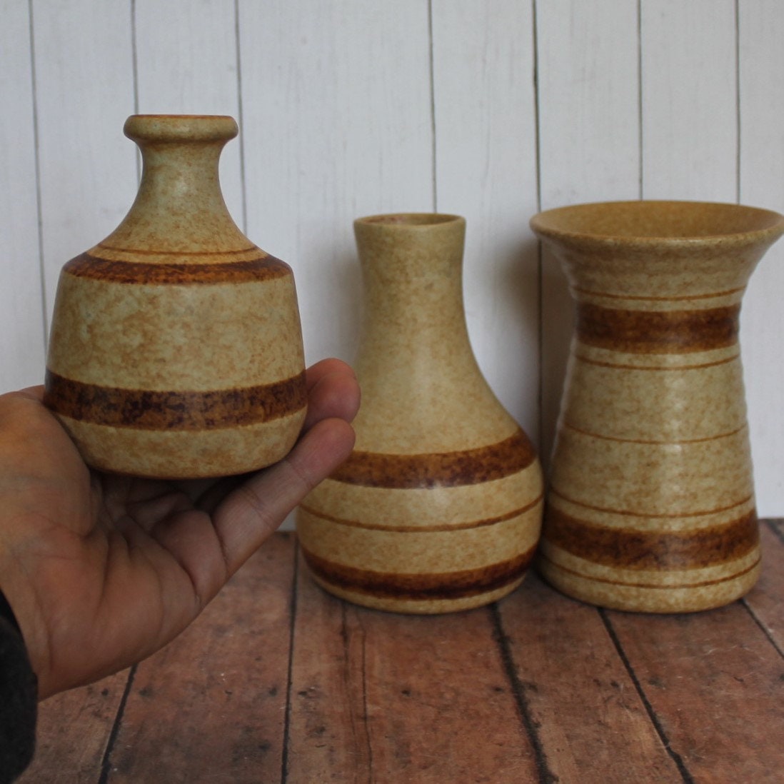 Vintage Pottery Craft USA Stoneware Vase Set of 3 Cream Yellow Tan