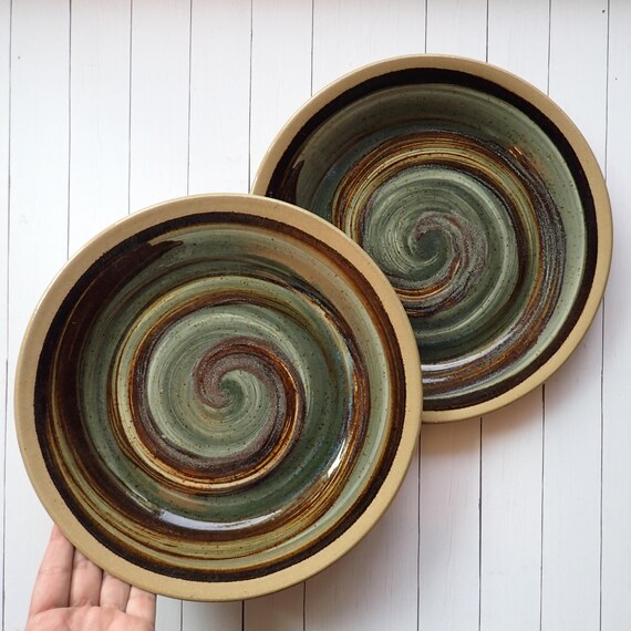 Vintage Potters Field Stoneware Pottery Dinner Plates Set of 2 Tan Brown and Blue Swirl Design