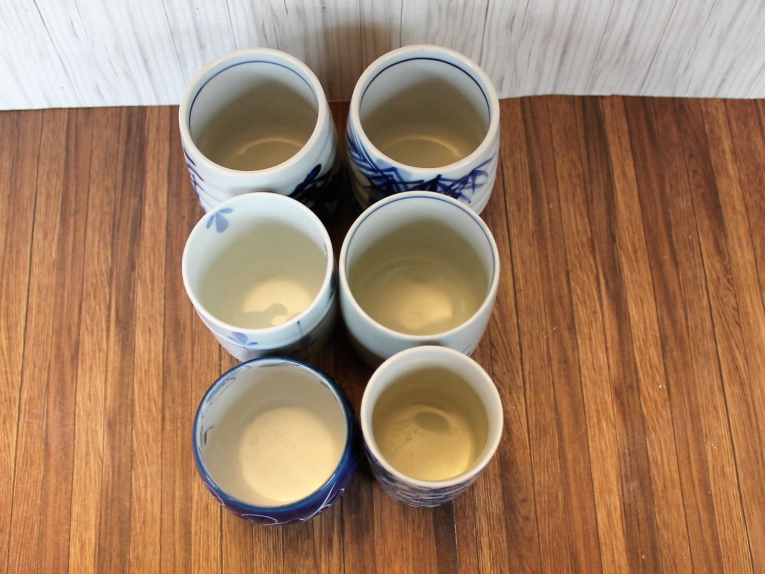 Vintage Sake Cup Set of 6 Ceramic Porcelain Cups Blue and White Flower