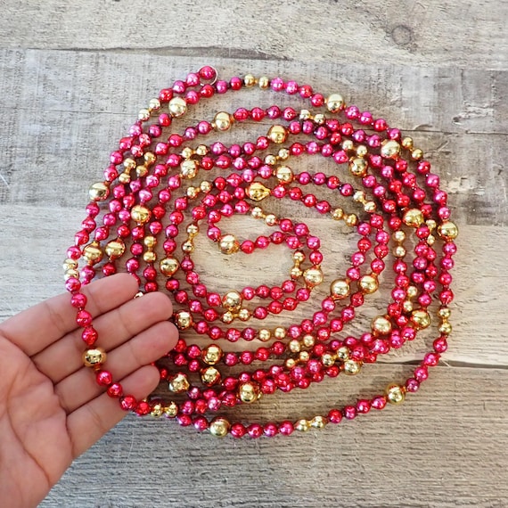 Vintage Mercury Glass Bead Garland 12' Beaded Mini Cranberry Red and Gold Feather Tree Christmas Tree Garland Handmade Repurposed Beads