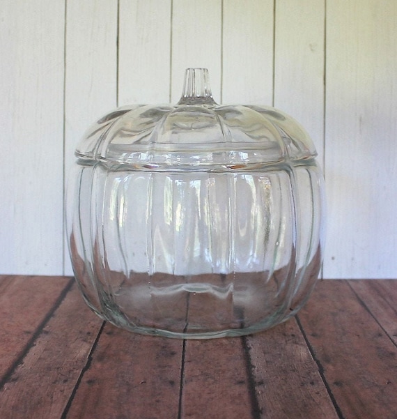 Vintage Large Glass Pumpkin Bowl Candy Dish with Lid Clear Glass Cookie Jar Anchor Hocking Fall Halloween Thanksgiving Decor
