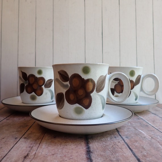 Vintage Noritake Folkstone Orinda Mug Flat Cup and Saucer Set of 3 Stoneware Mugs White with Brown and Gray Flower and Leaf Design