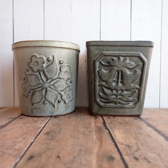 Vintage UCTCI Planter Set of 2 Small Flower Herb Pots Gray with Flower and Bird Designs