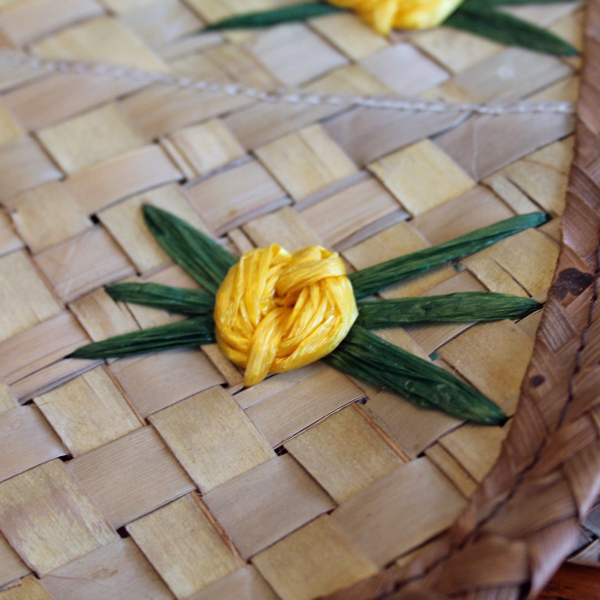 Vintage Wicker Woven Placemats Set of 6 with Yellow and Green Flowers