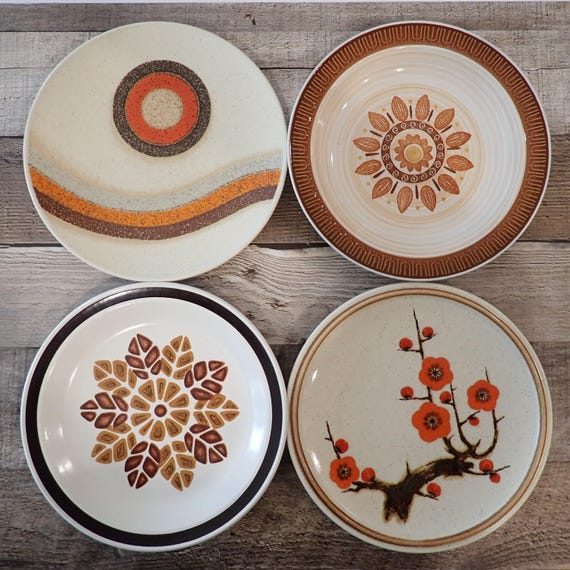 Vintage Mismatched Stoneware Salad Plate Set of 4 Mix and Match Plates White and Tan with Brown Orange Geometric Leaf Flower Designs 1970s