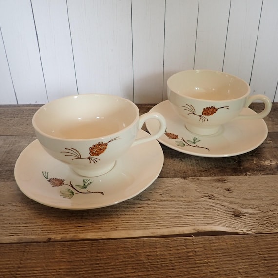 Vintage Marcrest Stetson PINE Tea Cup and Saucer Set of 2 Winter Holiday Dinnerware with Evergreen and Pine Cones