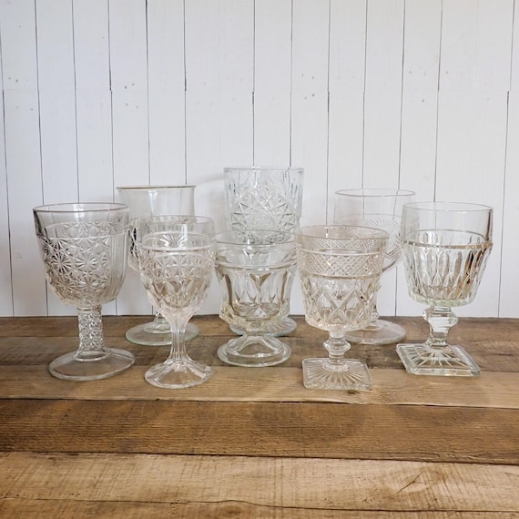 Vintage Mismatched Clear Glass Goblets Wine Glasses Set of 8 Mix and Match Set