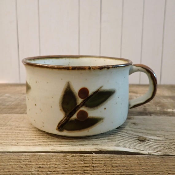 Vintage Otagiri BITTERSWEET Soup Bowl Mug with Handle Ceramic Stoneware White with Green Leaves and Red Berries