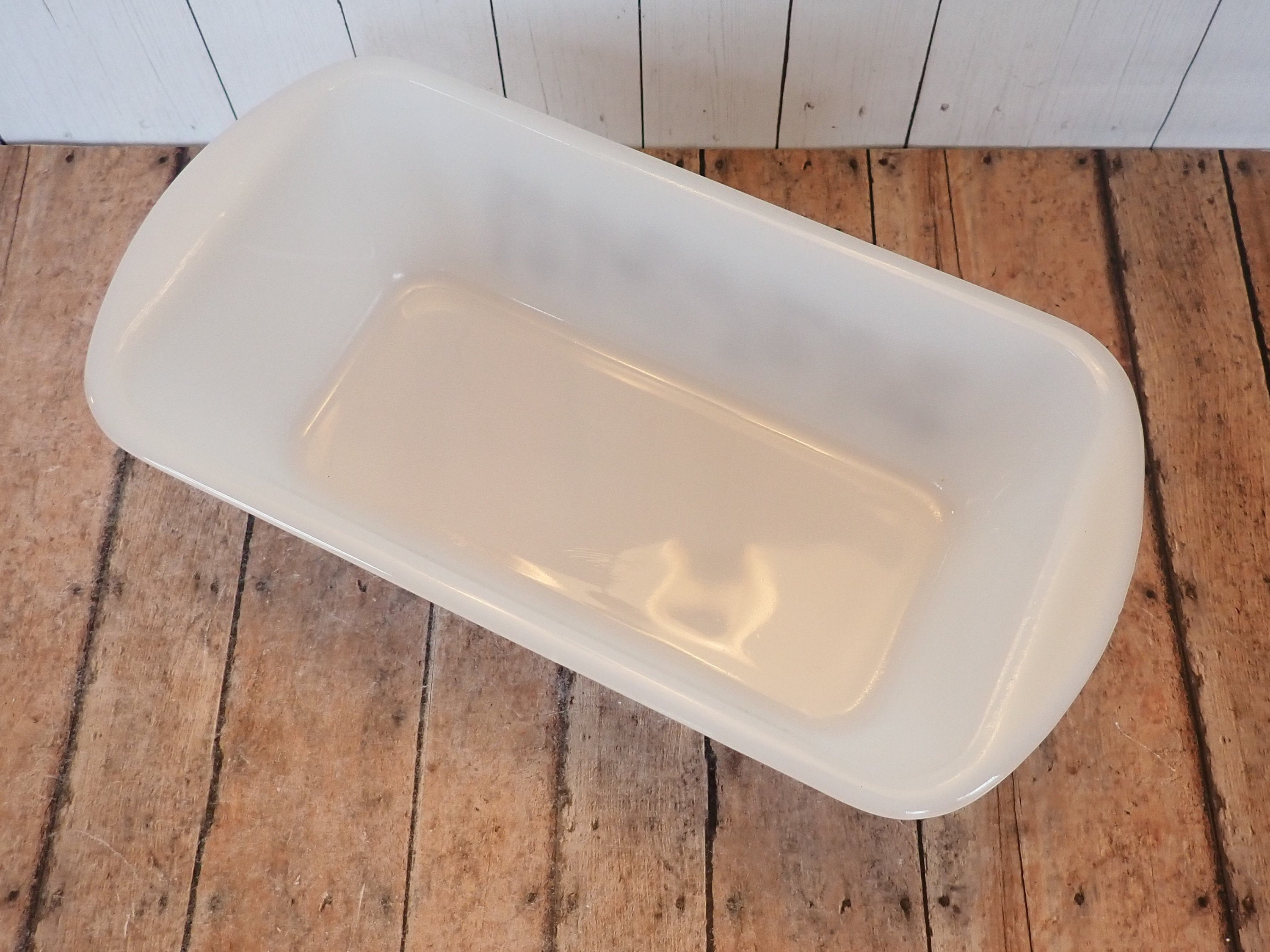 Vintage Glasbake White Milk Glass Loaf Pan with Brown Mushroom Design 522