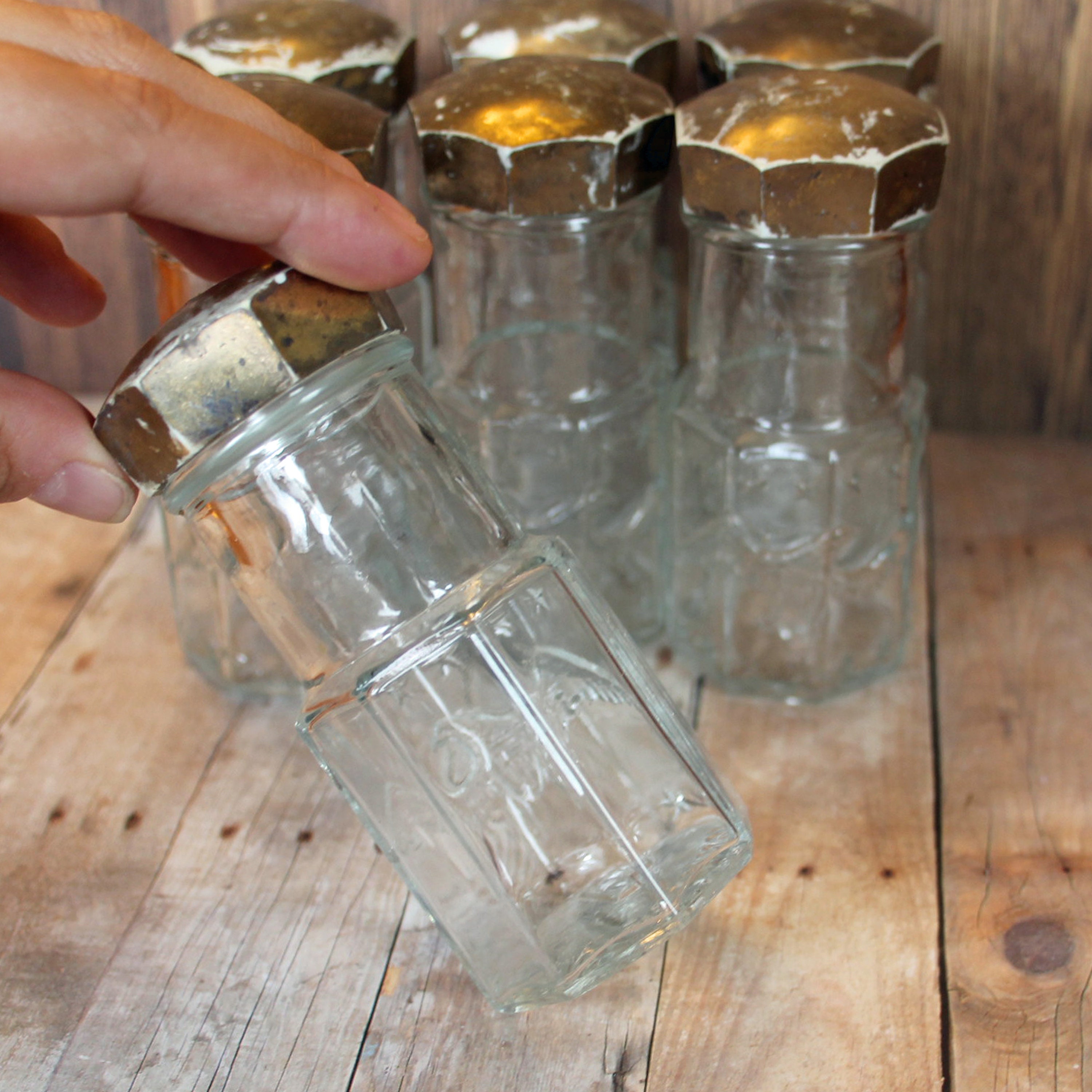 Vintage Clear Glass Spice Jars with Eagle Design Set of 7 Leipzig and Lippe Younkers NY