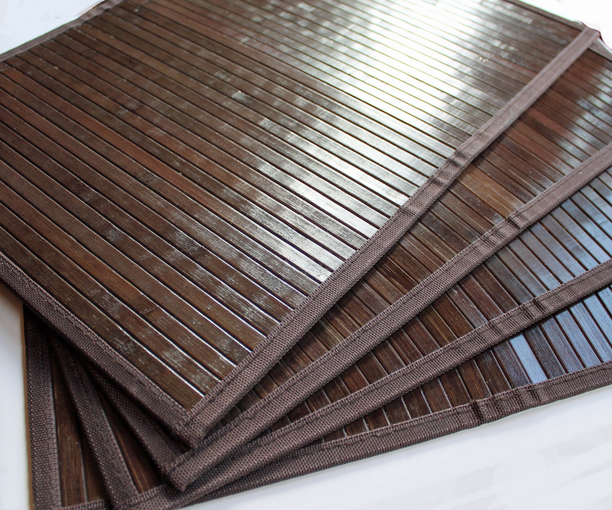 Vintage Bamboo Woven Placemats Set of 4 Brown Flat Slat Pattern Wood